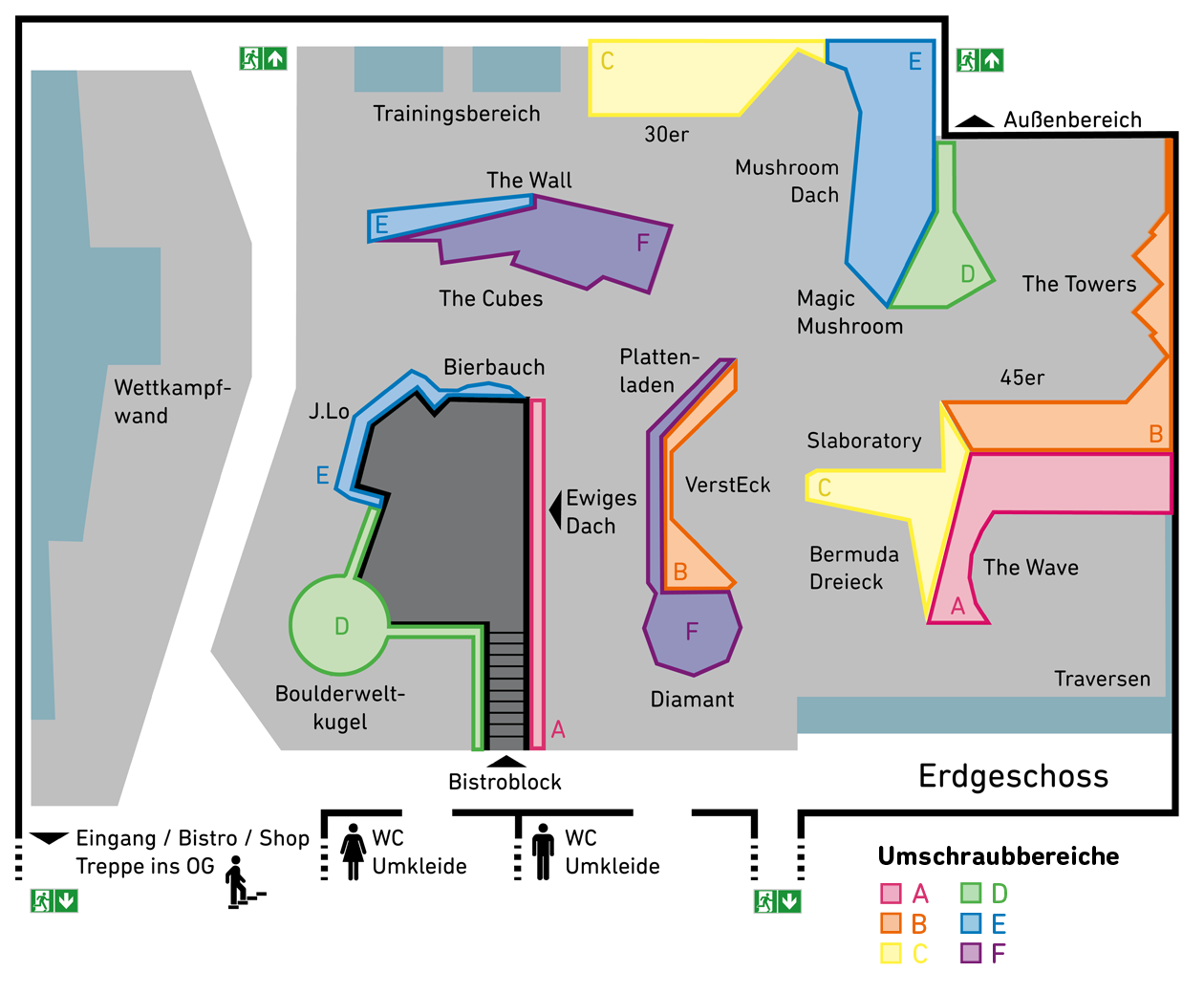 Hallenplan der Boulderwelt Regensburgen mit den Umschraubbereichen im
