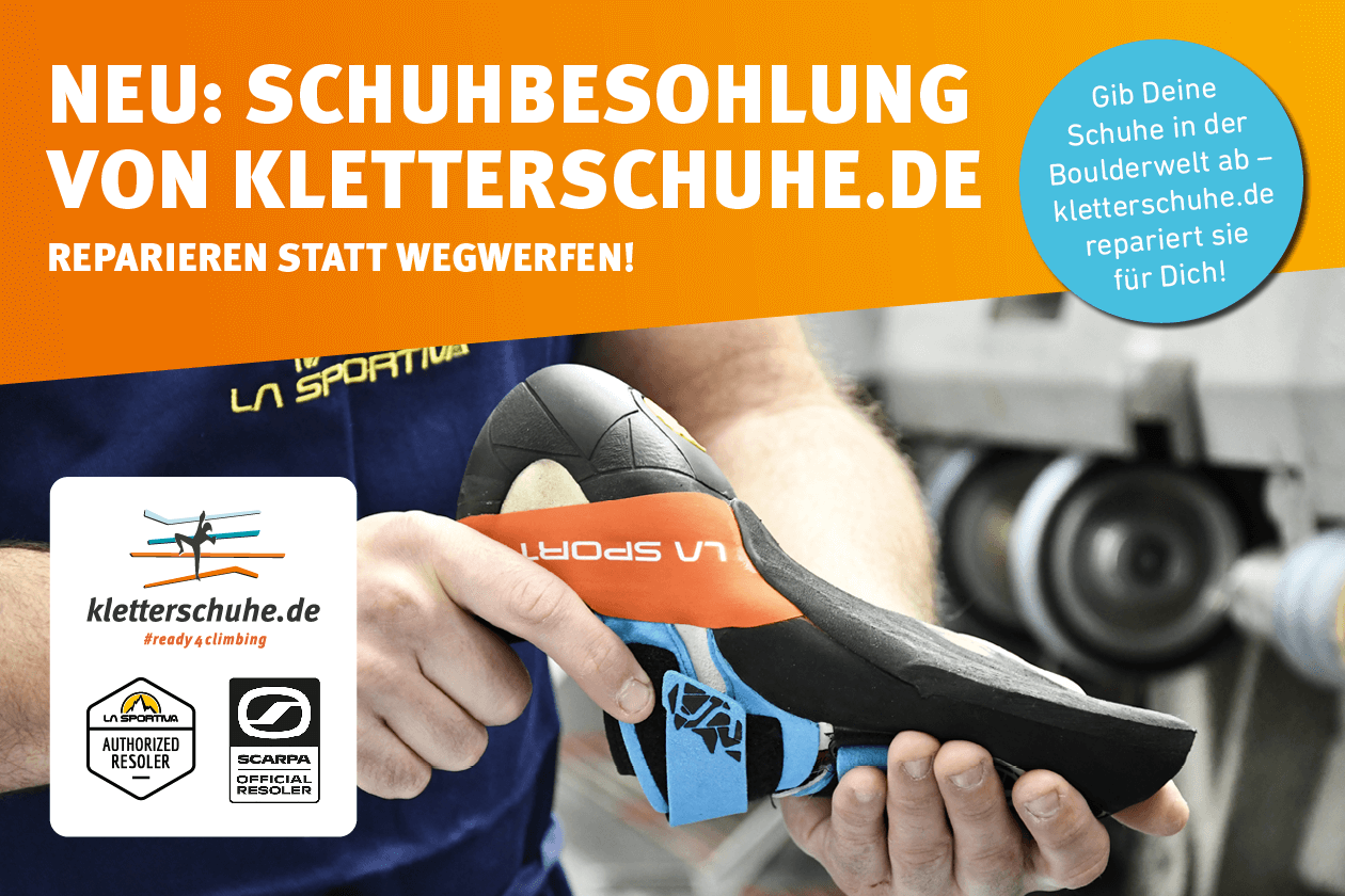 Gib Deine Kletterschuhe zur Reparatur und und Neubesohlung in der Boulderwelt ab!