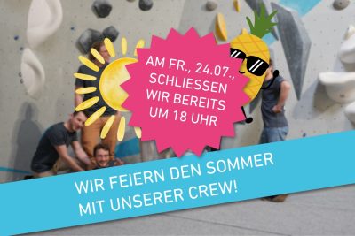 Am Freitag, den 24.07., schließen wir die Halle bereits ab 18 Uhr. Wir feiern unser Sommerfest!